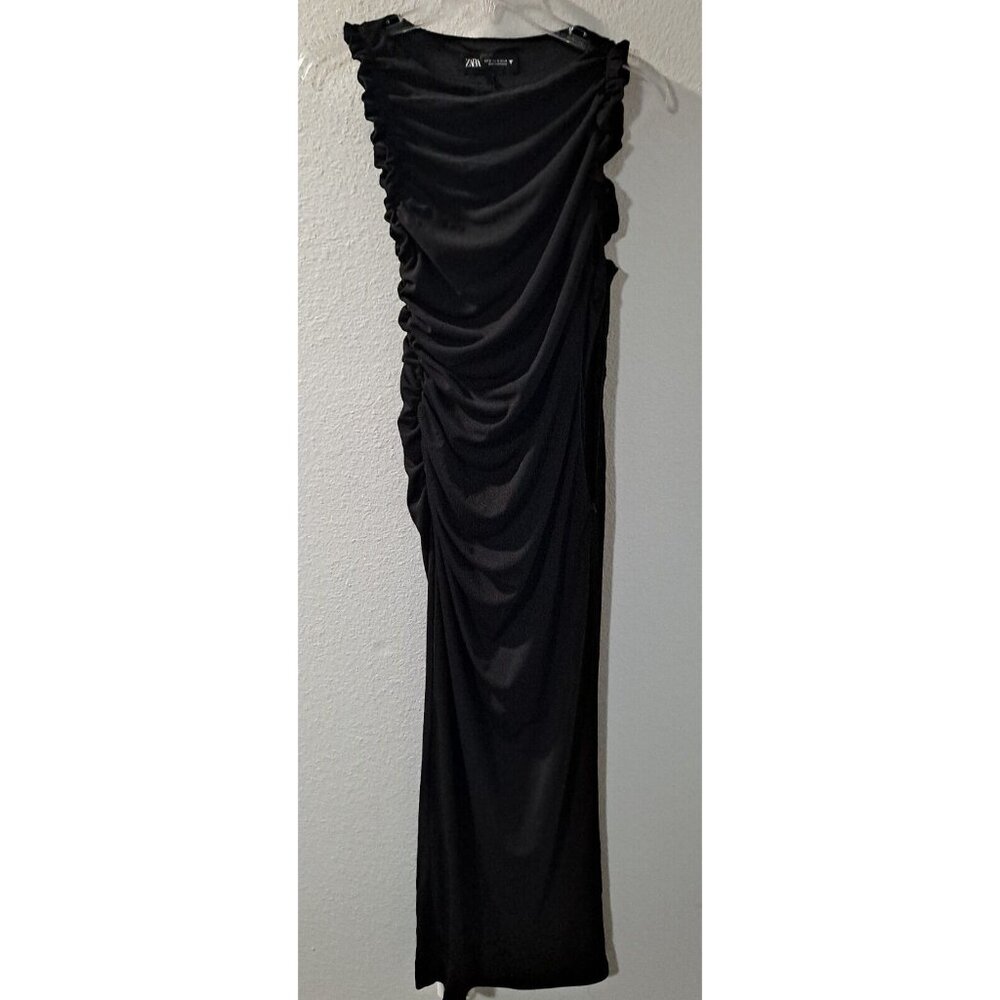 Zara Women's Black Pleated Sleevless Long Dress with Slit Elegant, Medium NWT